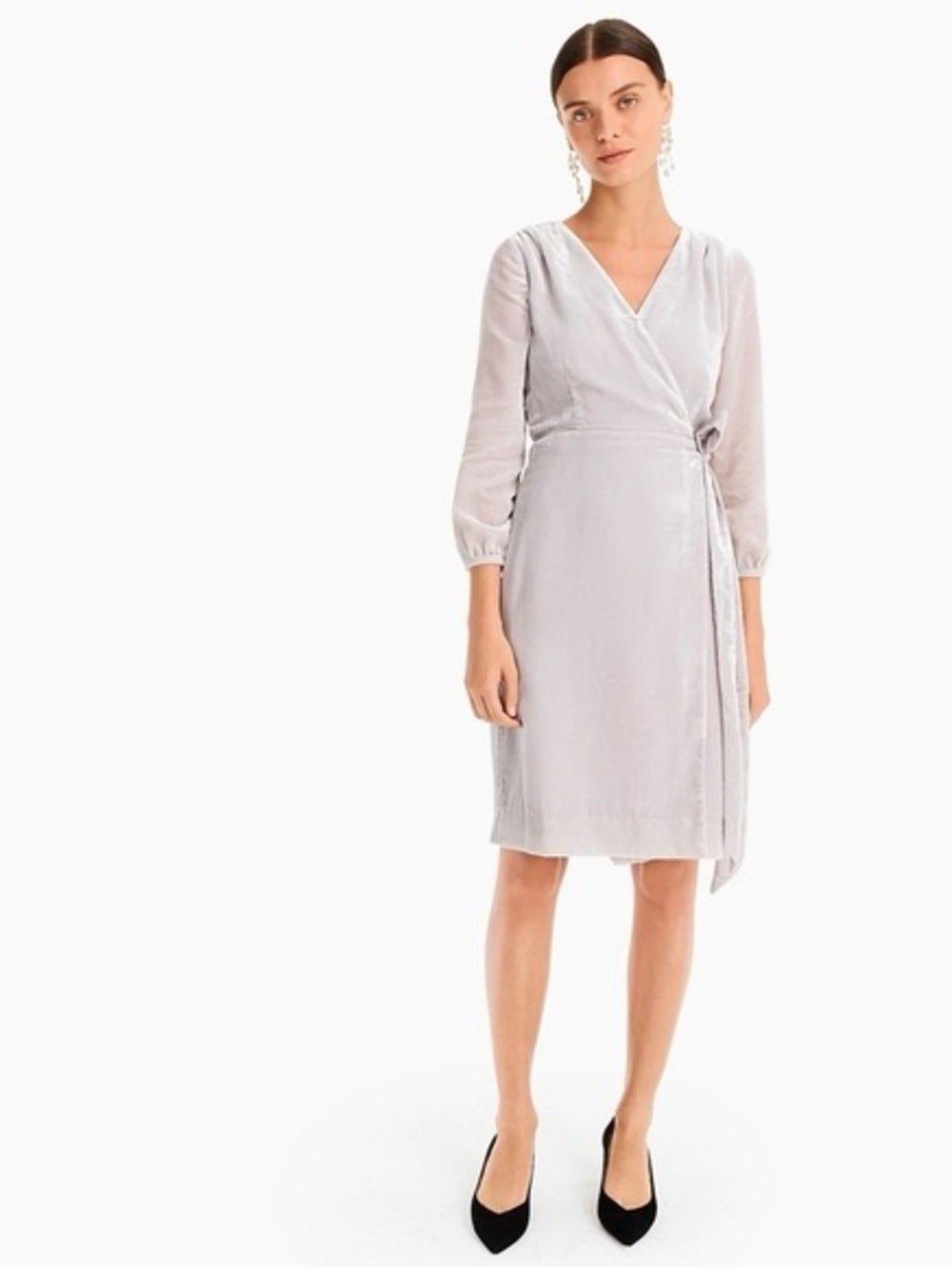 J. Crew Light Gray Crushed Silver Drapey Velvet Wrap Midi Dress